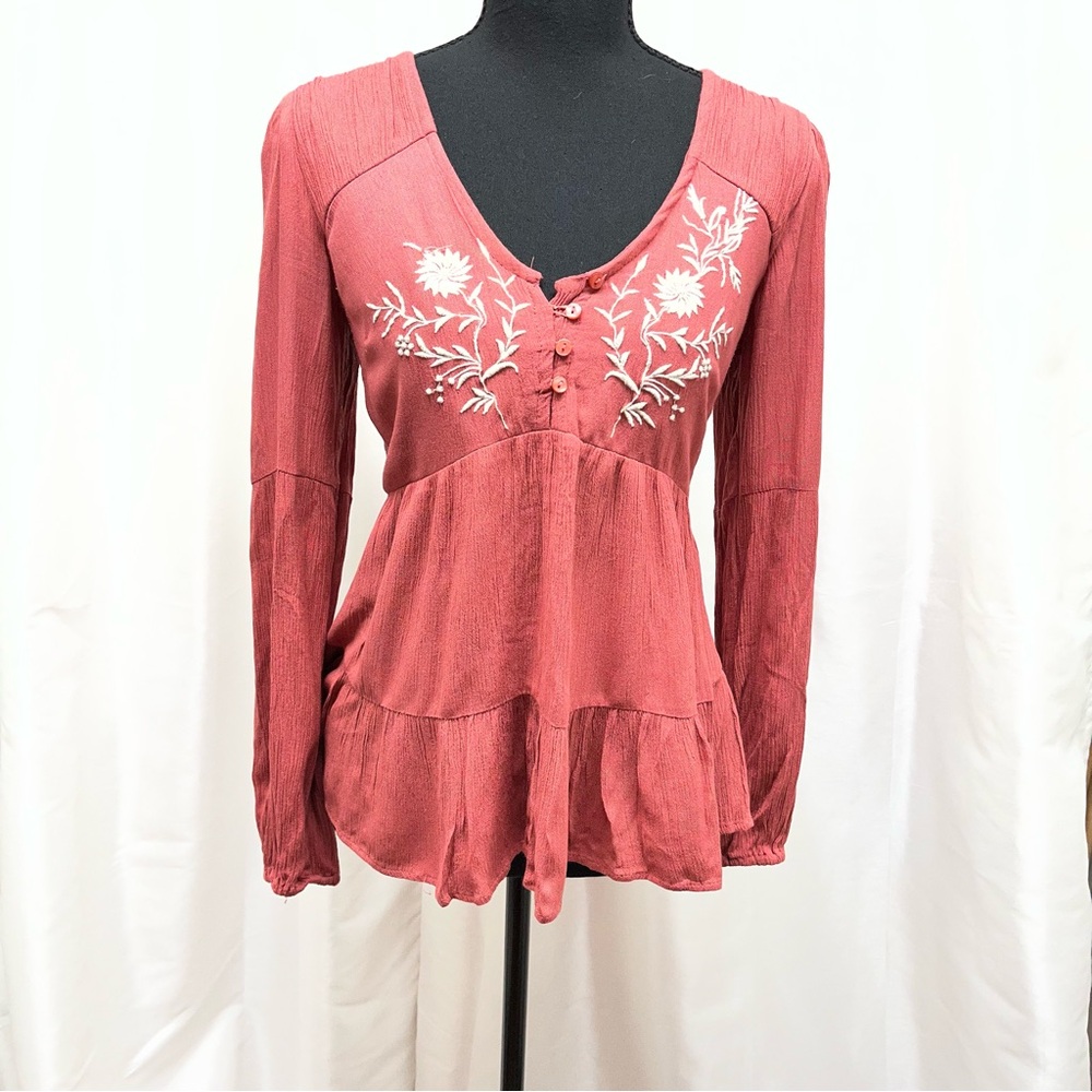 Rose Color Embroidered Fairy Boho Peasant Hippie Tie-Back Top